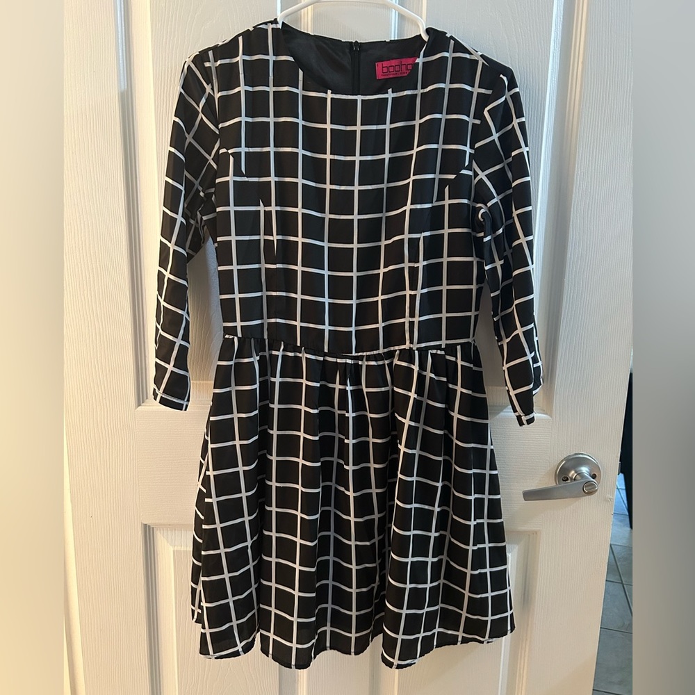 Boohoo Black & White Geometric Checkered Print Dress